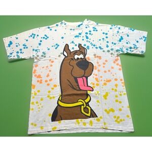 Vintage 1991 NEW Scooby Doo T-shirt Size L White Paint Splatter Single Stitch